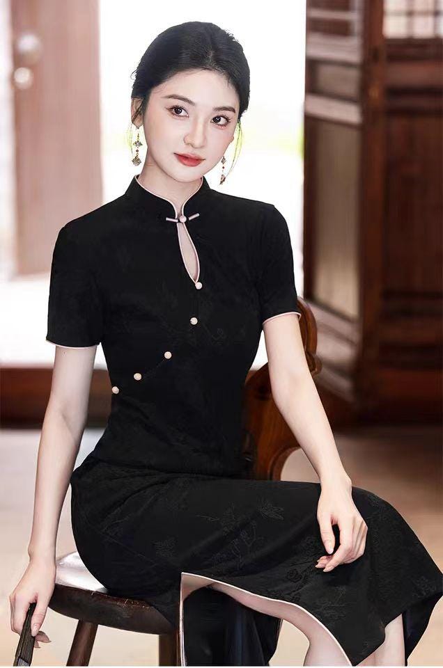 Women's Black Jacquard Qipao Cheongsam Dress – Printed – additional product view