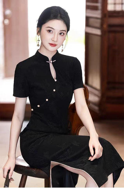 Women's Black Jacquard Qipao Cheongsam Dress – Printed – additional product view