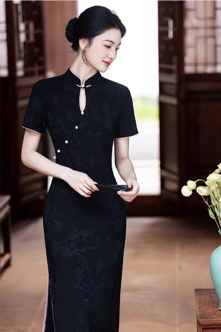 Women's Black Jacquard Qipao Cheongsam Dress – Printed – additional product view