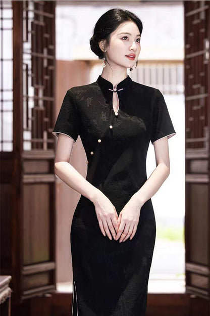Women's Black Jacquard Qipao Cheongsam Dress – Printed – additional product view
