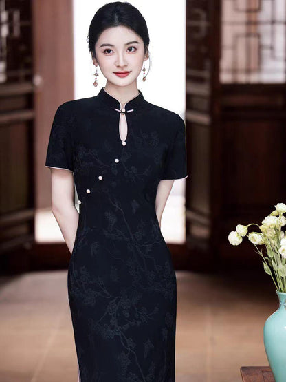 Women's Black Jacquard Qipao Cheongsam Dress – Printed – additional product view