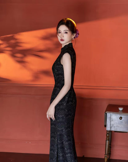 Women's Vintage Qipao Cheongsam Dress – Gold Mesh Printed – additional product view