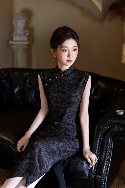 Women's Vintage Qipao Cheongsam Dress – Gold Mesh Printed – additional product view