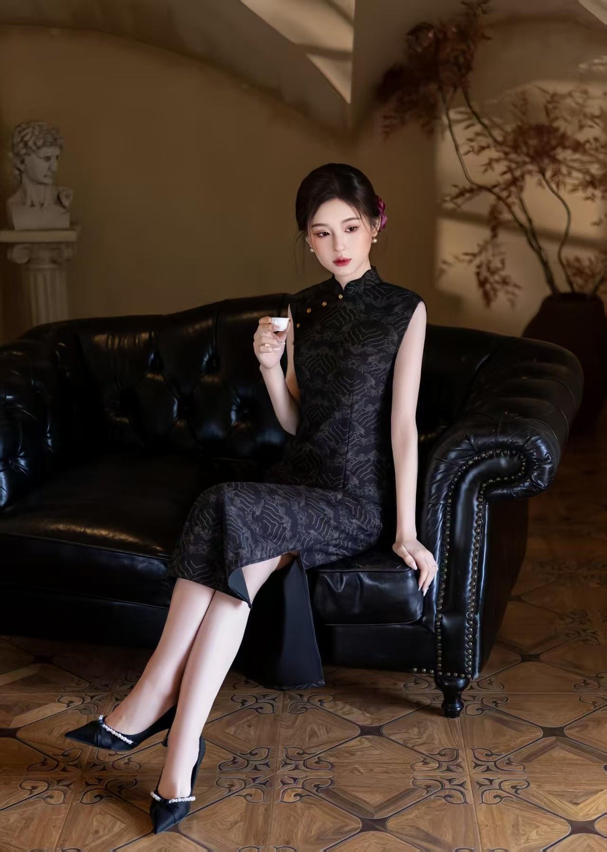 Women's Vintage Qipao Cheongsam Dress – Gold Mesh Printed – additional product view