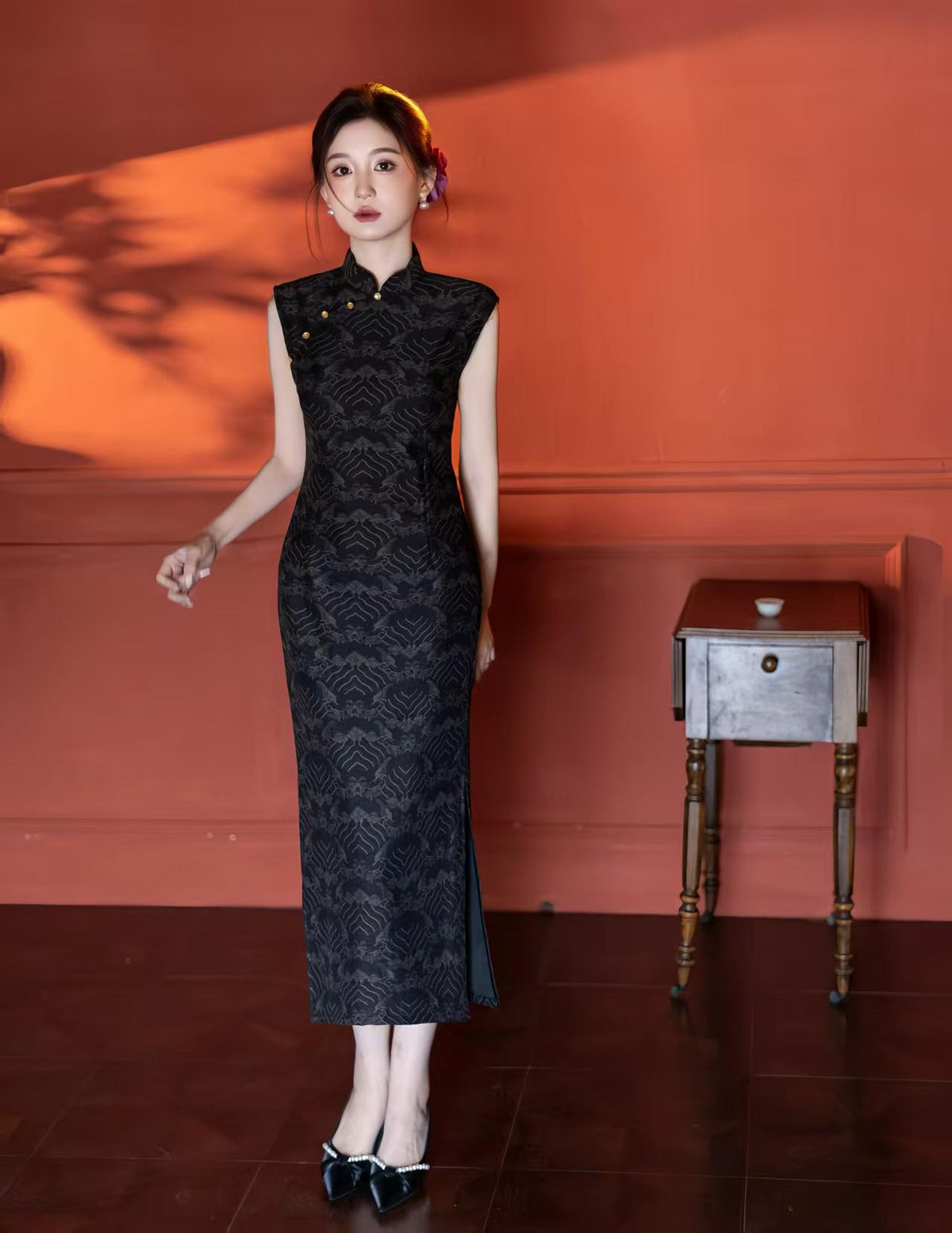 Women's Vintage Qipao Cheongsam Dress – Gold Mesh Printed