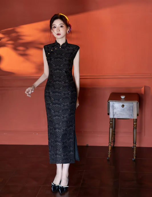 Women's Vintage Qipao Cheongsam Dress – Gold Mesh Printed