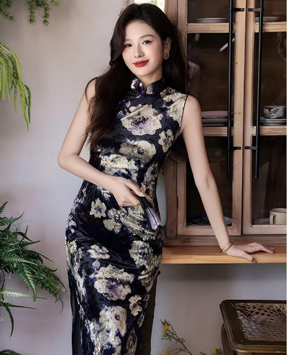 Women's Floral Velvet Qipao Cheongsam Dress – Sleeveless Midi – additional product view