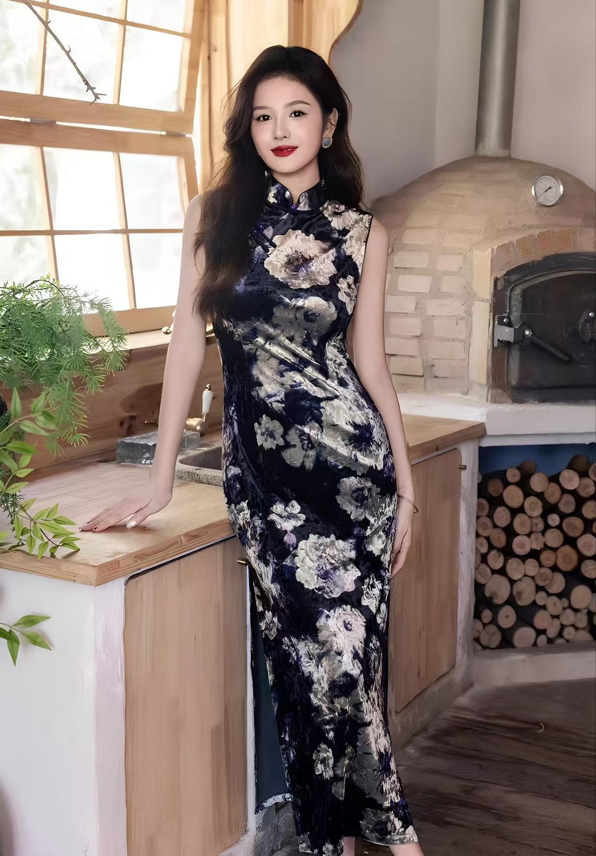 Women's Floral Velvet Qipao Cheongsam Dress – Sleeveless Midi – additional product view