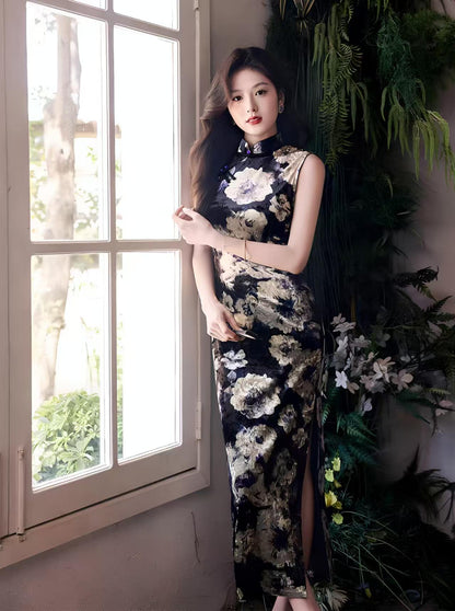 Women's Floral Velvet Qipao Cheongsam Dress – Sleeveless Midi – additional product view