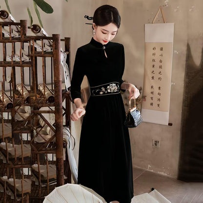 Women's Black Vintage Velvet Qipao Cheongsam Dress – additional product view