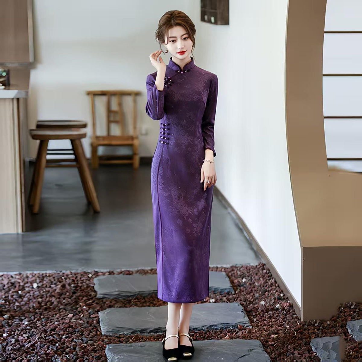 Women's Purple Vintage Qipao Cheongsam Dress – Long Mandarin Collar – additional product view