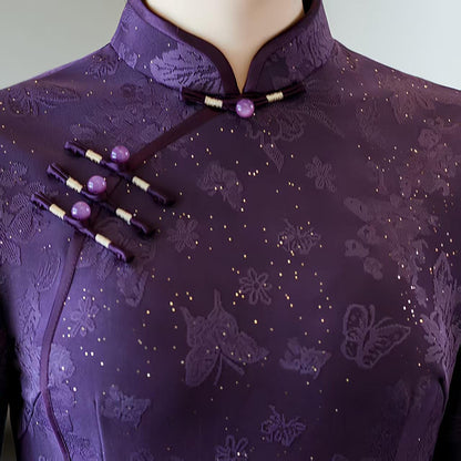 Women's Purple Vintage Qipao Cheongsam Dress – Long Mandarin Collar – additional product view