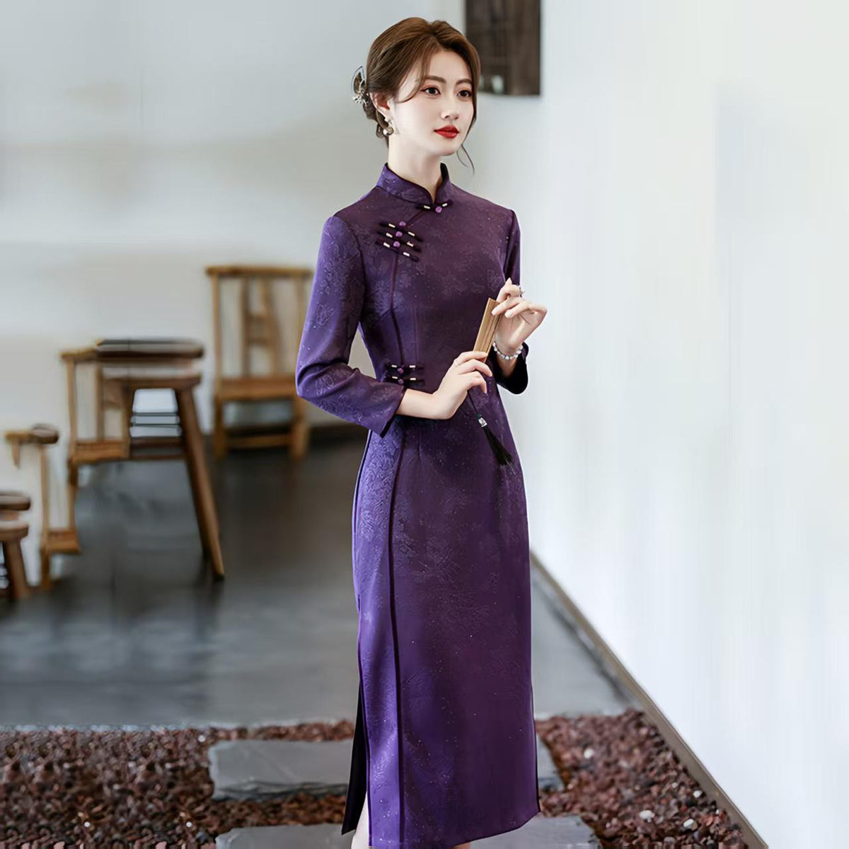 Women's Purple Vintage Qipao Cheongsam Dress – Long Mandarin Collar – additional product view