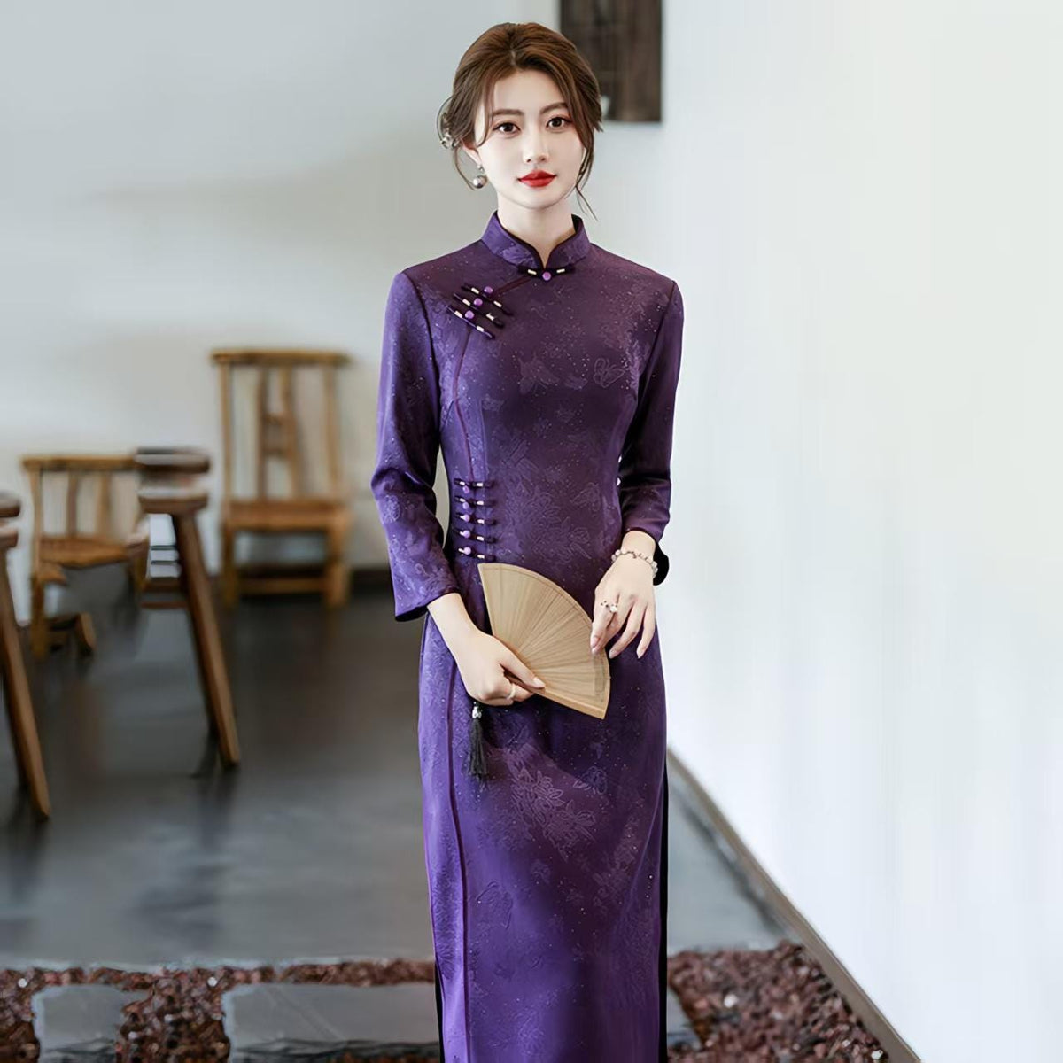 Women's Purple Vintage Qipao Cheongsam Dress – Long Mandarin Collar – additional product view
