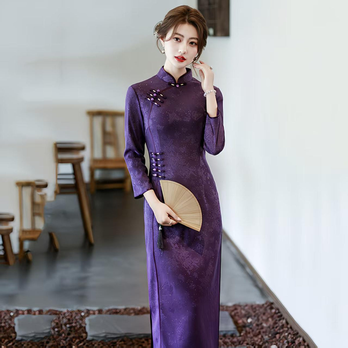 Women's Purple Vintage Qipao Cheongsam Dress – Long Mandarin Collar – additional product view
