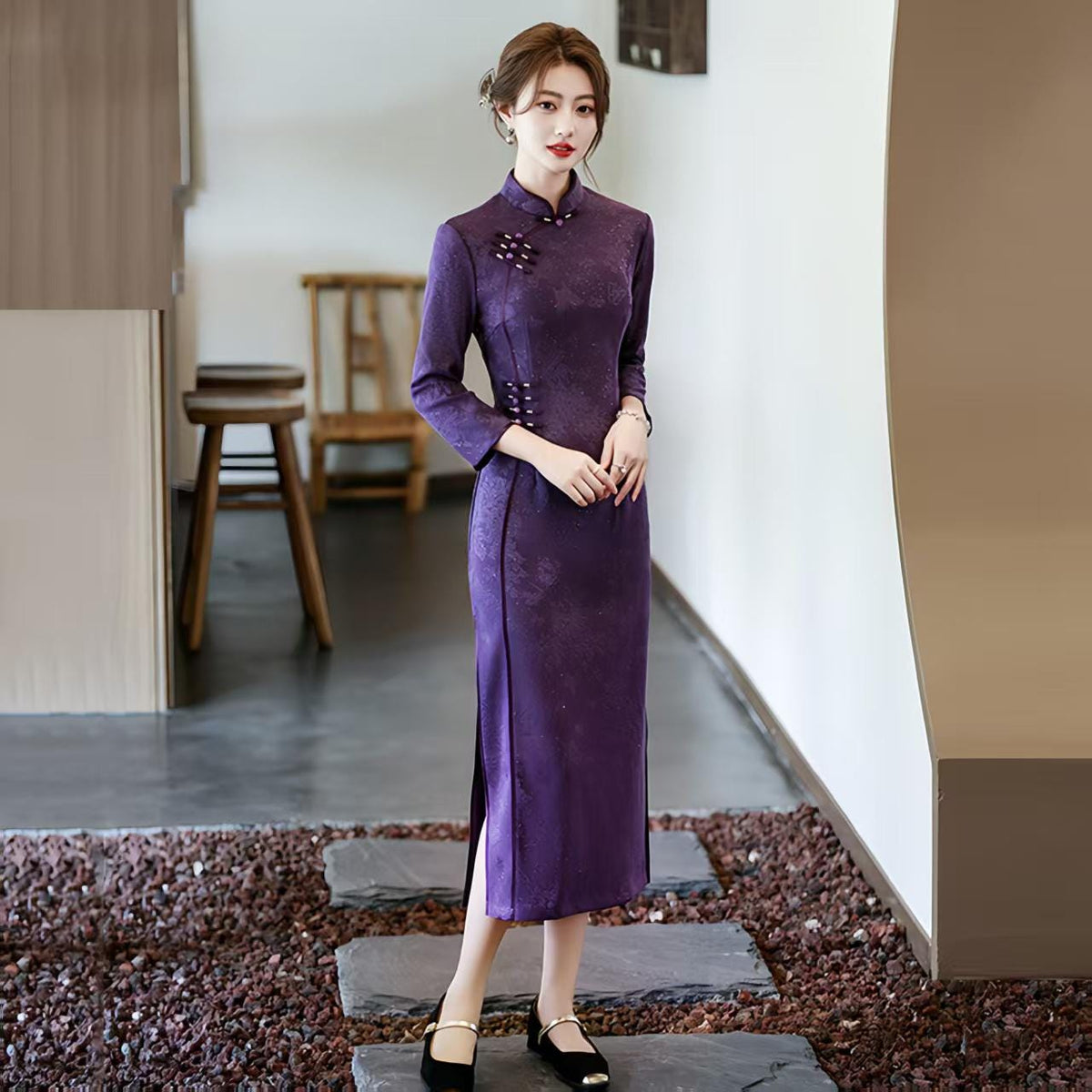 Women's Purple Vintage Qipao Cheongsam Dress – Long Mandarin Collar