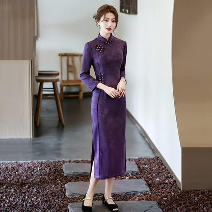 Women's Purple Vintage Qipao Cheongsam Dress – Long Mandarin Collar