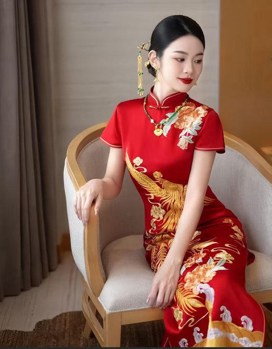 Women's Red Embroidered Satin Qipao Cheongsam Dress – Long