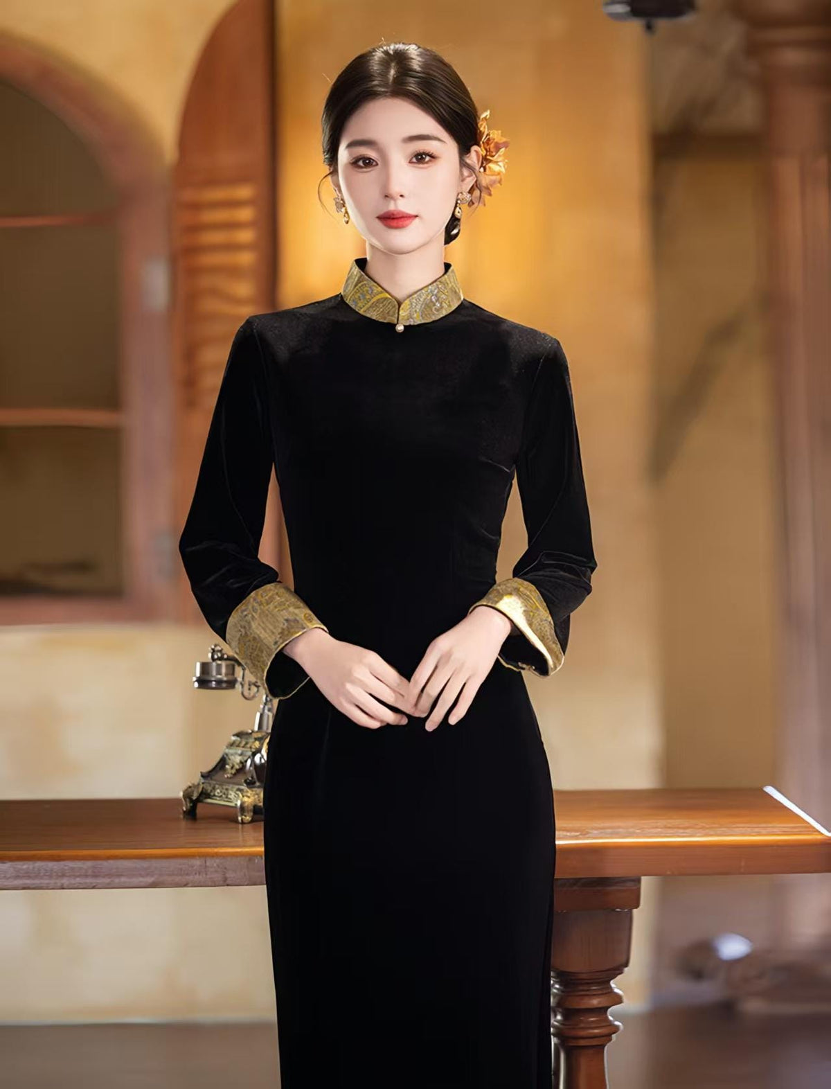 Women's Black Elegant Velvet Modern Chinese Two-Piece Set – additional product view