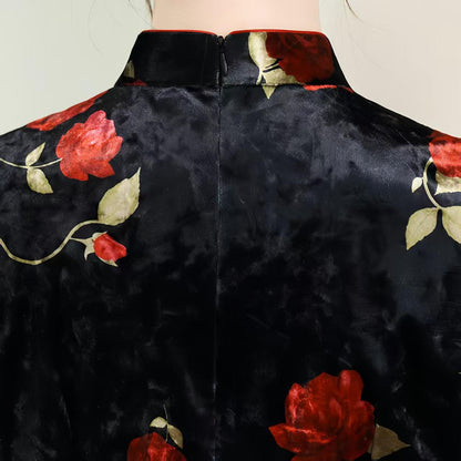 Women's Black Floral Velvet Qipao Cheongsam Dress – Fitted – additional product view