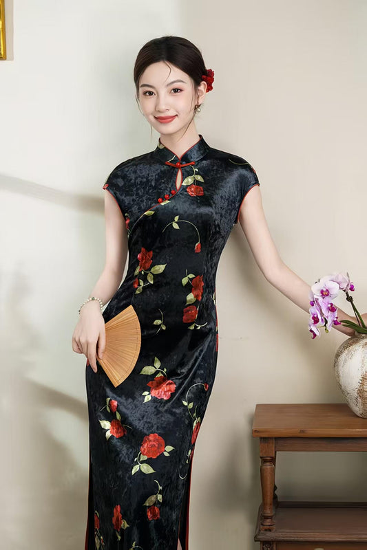 Women's Black Floral Velvet Qipao Cheongsam Dress – Fitted