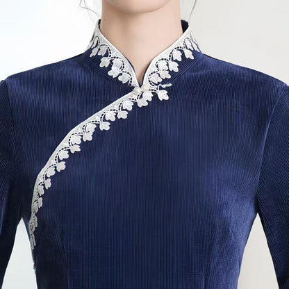 Women's Blue Floral Qipao Cheongsam Dress – Chenille Maxi Fitted – additional product view