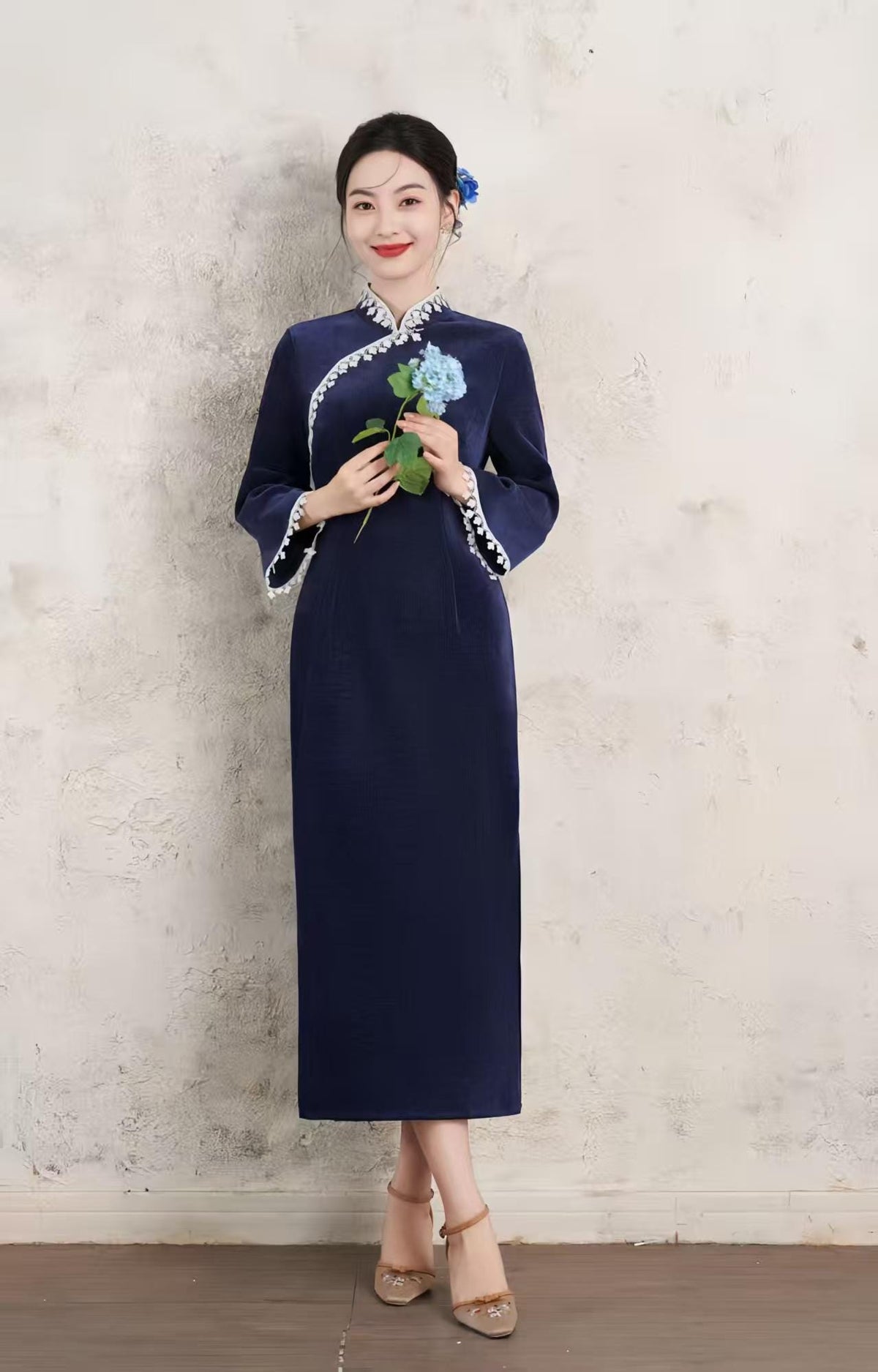 Women's Blue Floral Qipao Cheongsam Dress – Chenille Maxi Fitted – additional product view