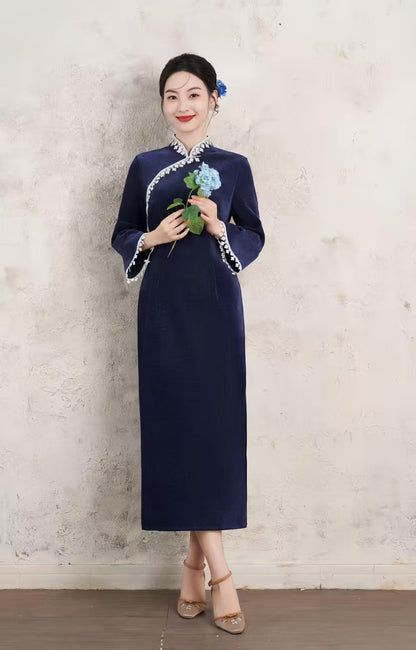 Women's Blue Floral Qipao Cheongsam Dress – Chenille Maxi Fitted – additional product view