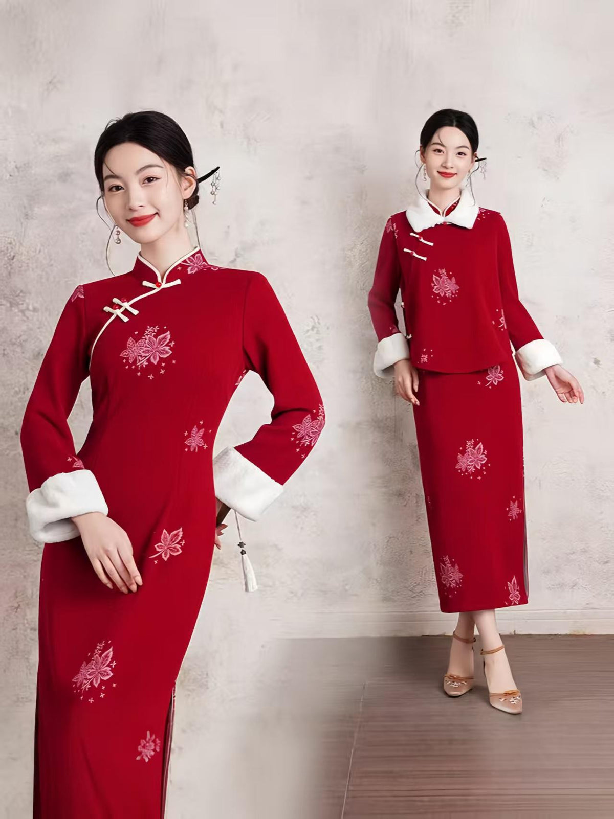 Women's Floral Modern Chinese Two-Piece Set – Yellow Cotton Mandarin Collar – additional product view