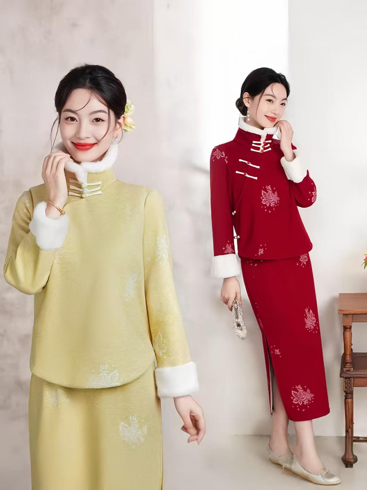 Women's Floral Modern Chinese Two-Piece Set – Yellow Cotton Mandarin Collar – additional product view