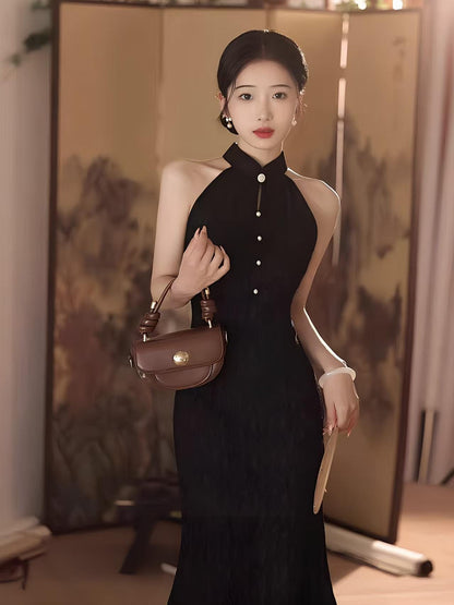 Women's Black Elegant Lace Qipao Cheongsam Dress – additional product view