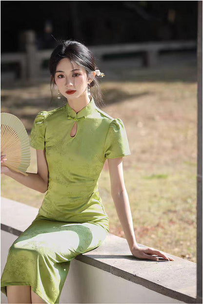 Women's Green Jacquard Qipao Cheongsam Dress – additional product view