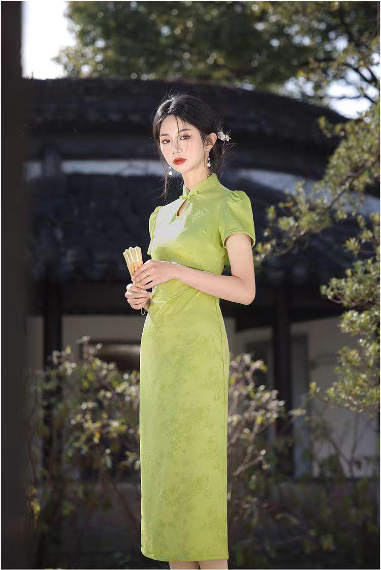 Women's Green Jacquard Qipao Cheongsam Dress – additional product view