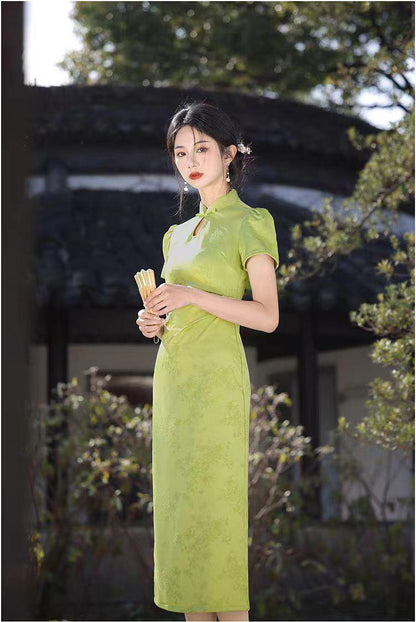Women's Green Jacquard Qipao Cheongsam Dress – additional product view