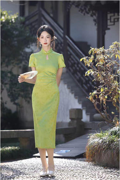 Women's Green Jacquard Qipao Cheongsam Dress – additional product view