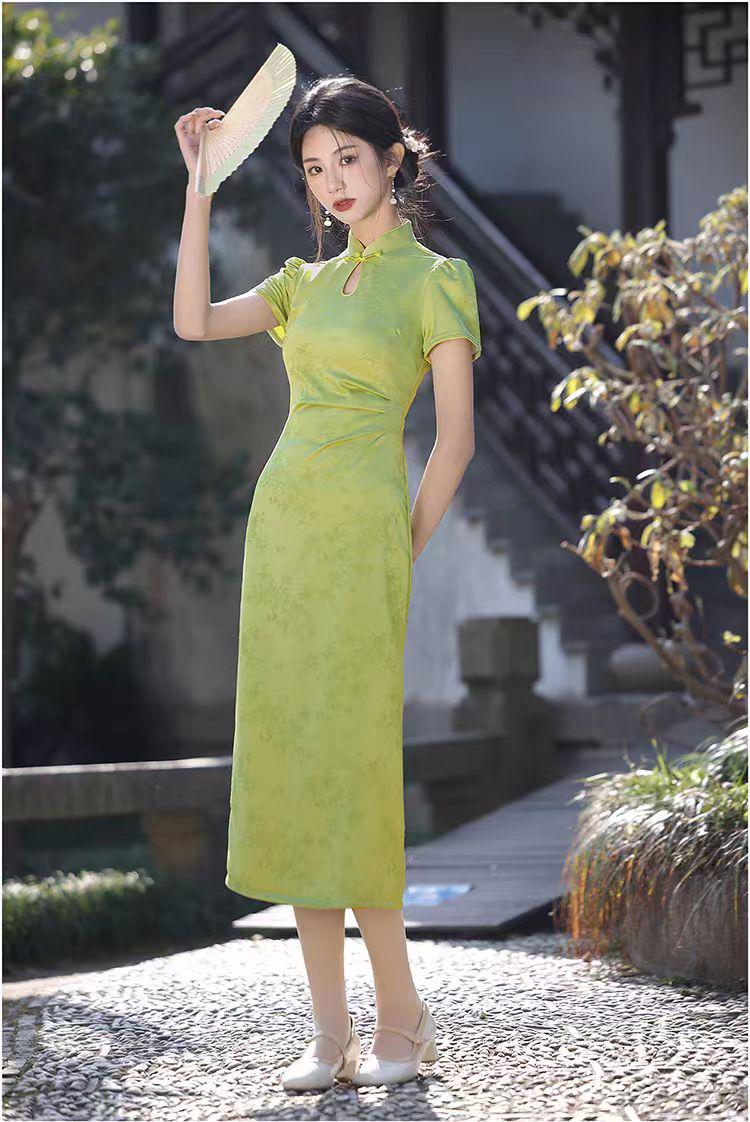 Women's Green Jacquard Qipao Cheongsam Dress
