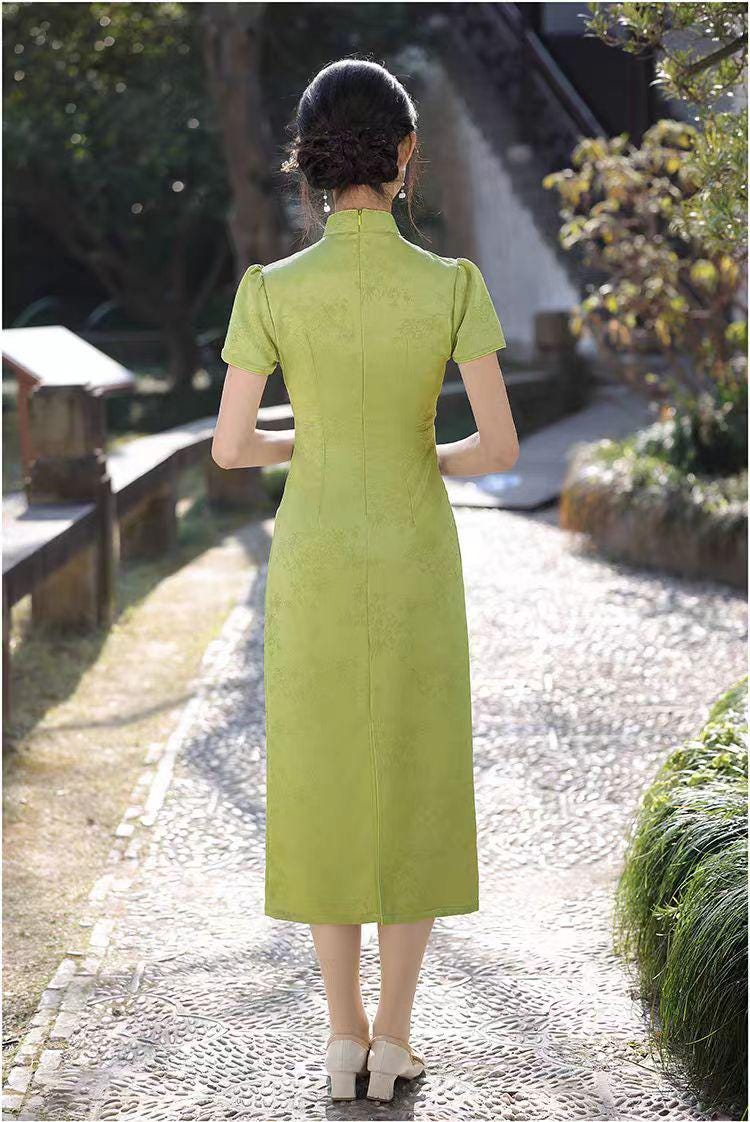 Women's Green Jacquard Qipao Cheongsam Dress – additional product view