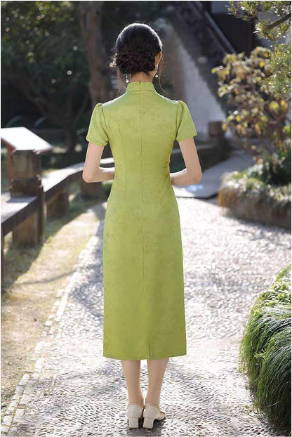 Women's Green Jacquard Qipao Cheongsam Dress – additional product view