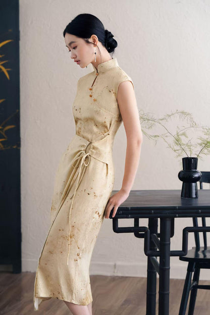 Women's Jacquard Qipao Cheongsam Dress – Beige Sleeveless – additional product view