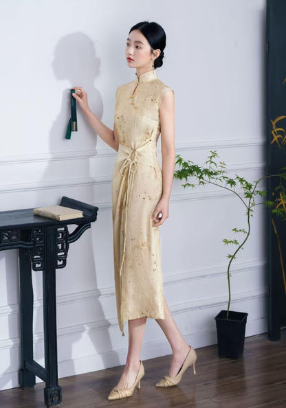 Women's Jacquard Qipao Cheongsam Dress – Beige Sleeveless – additional product view