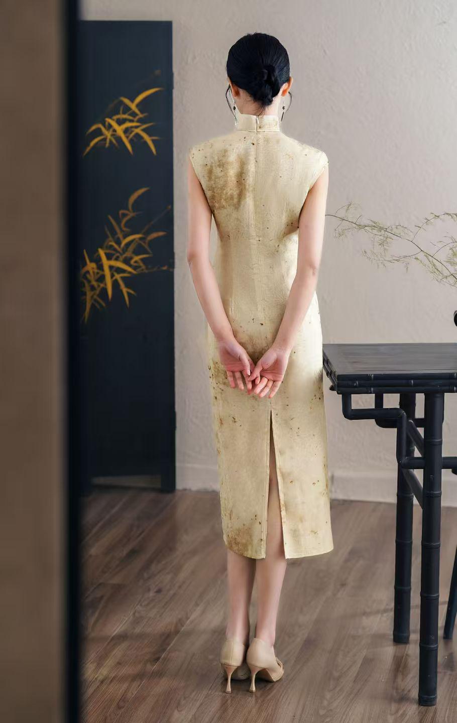 Women's Jacquard Qipao Cheongsam Dress – Beige Sleeveless – additional product view