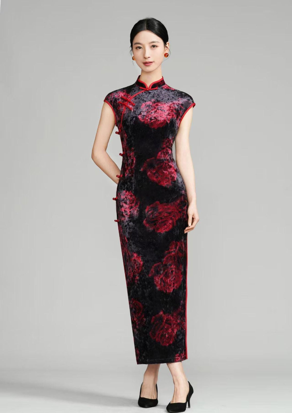 Women's Pink Elegant Velvet Qipao Cheongsam Dress – additional product view
