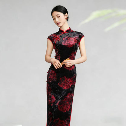 Women's Pink Elegant Velvet Qipao Cheongsam Dress