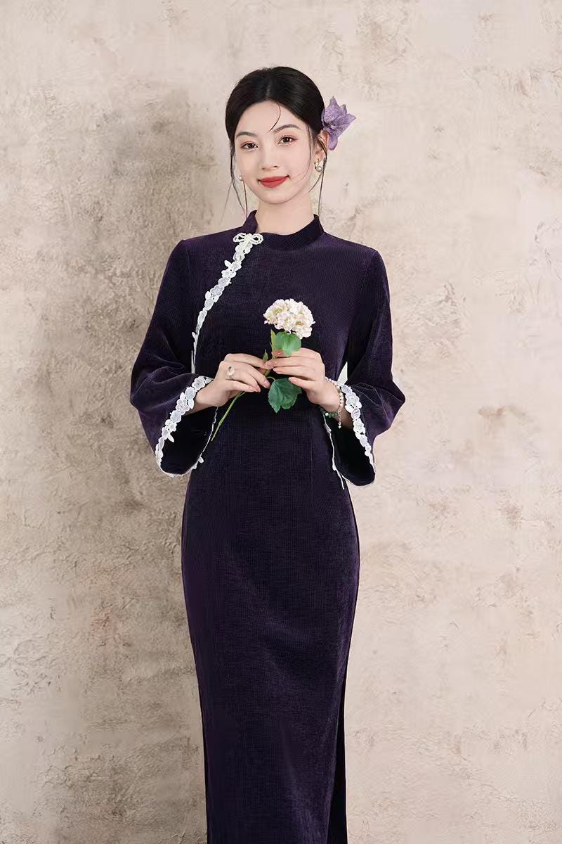 Women's Purple Floral Lace Qipao Cheongsam Dress – additional product view