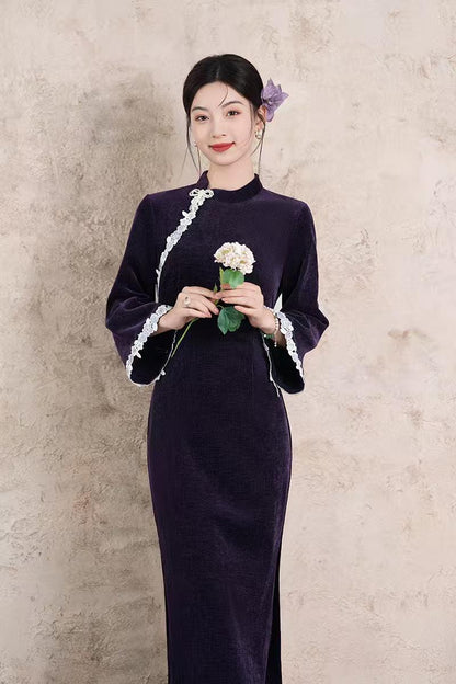 Women's Purple Floral Lace Qipao Cheongsam Dress – additional product view