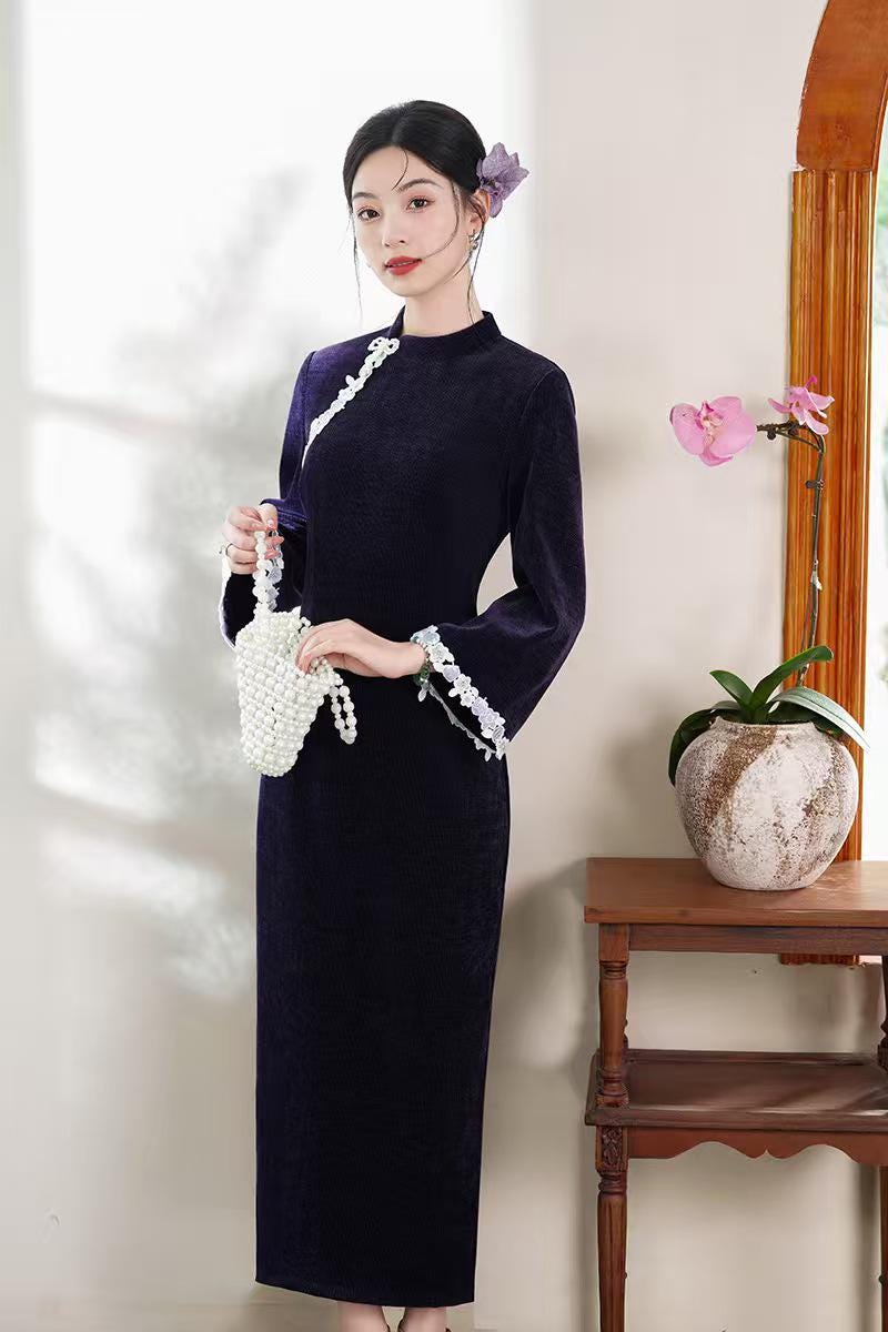 Women's Purple Floral Lace Qipao Cheongsam Dress – additional product view