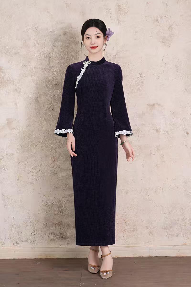 Women's Purple Floral Lace Qipao Cheongsam Dress – additional product view