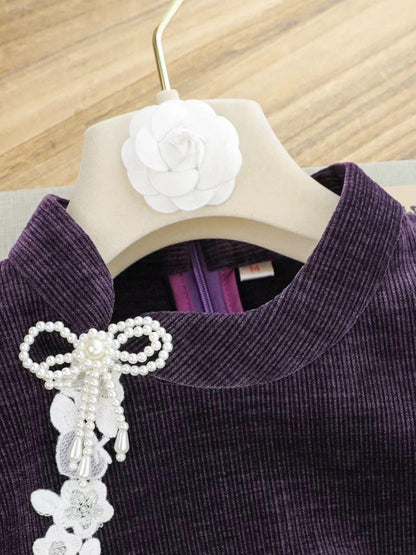 Women's Purple Floral Lace Qipao Cheongsam Dress – additional product view