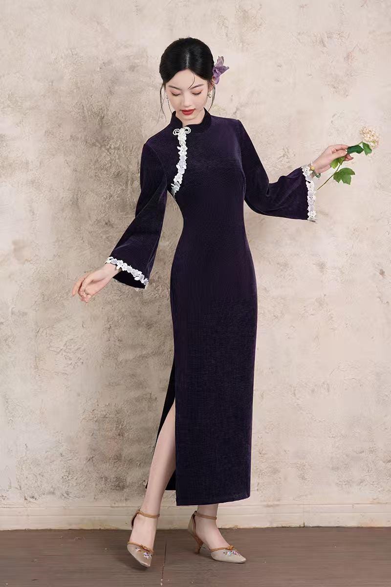 Women's Purple Floral Lace Qipao Cheongsam Dress