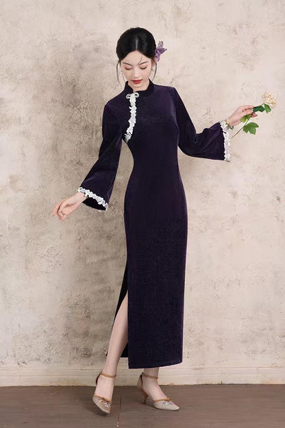 Women's Purple Floral Lace Qipao Cheongsam Dress